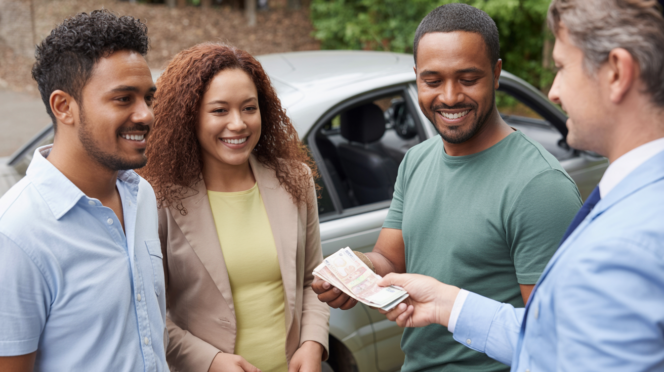 Happy customers receiving cash for their scrap car